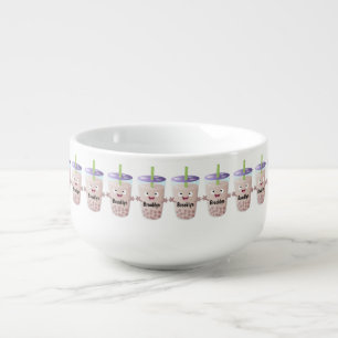 Cute happy bubble tea boba cartoon character soup mug
