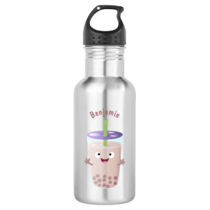 Cute happy bubble tea boba cartoon character stainless steel water bottle