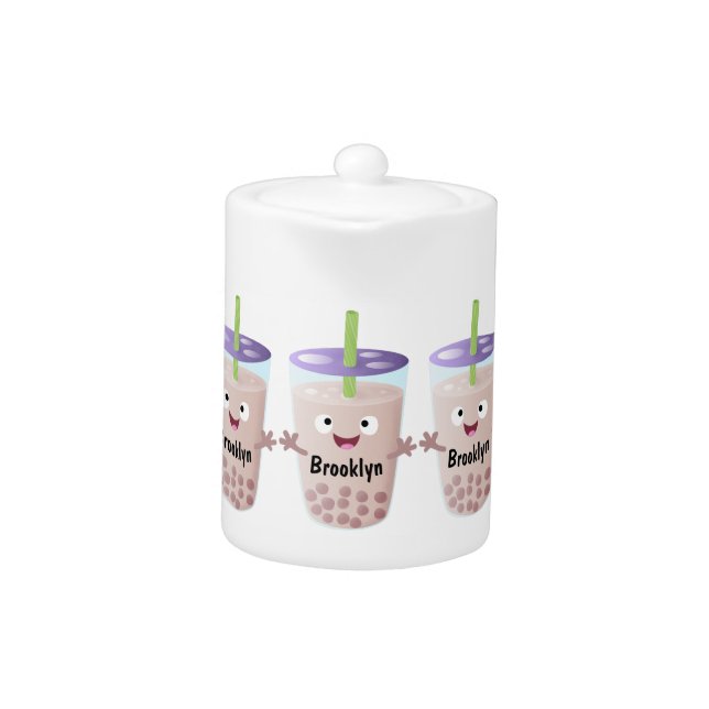 Cute happy bubble tea boba cartoon character teapot (Front)