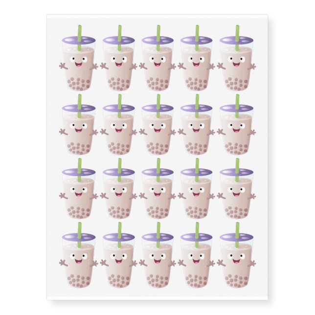 Cute happy bubble tea boba cartoon character temporary tattoos (Front)