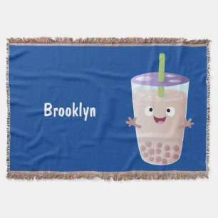 Cute happy bubble tea boba cartoon character throw blanket