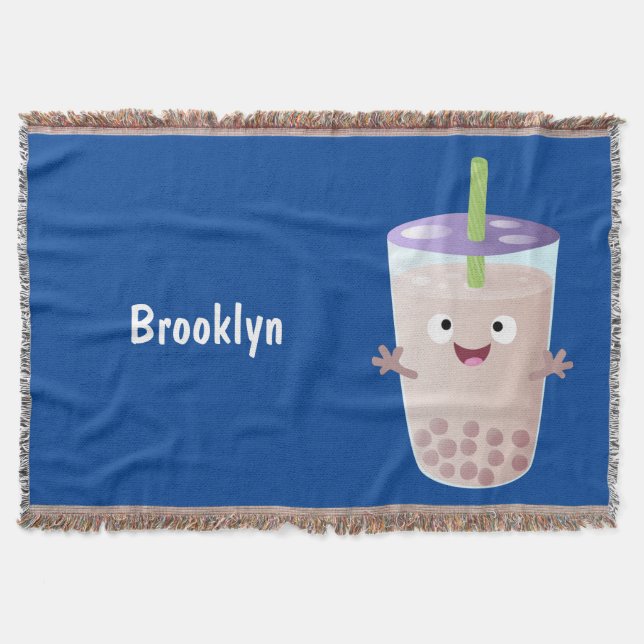 Cute happy bubble tea boba cartoon character throw blanket (Front)