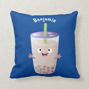 Cute happy bubble tea boba cartoon character throw pillow
