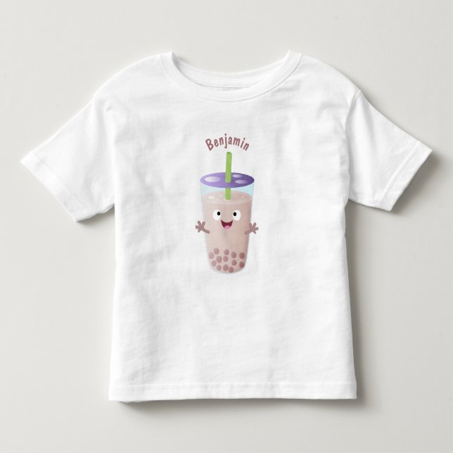 Cute happy bubble tea boba cartoon character toddler t-shirt (Front)