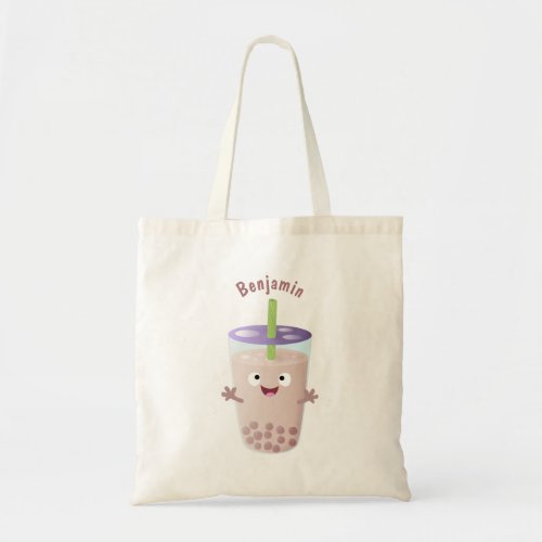 Cute happy bubble tea boba cartoon character tote bag