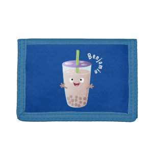 Cute happy bubble tea boba cartoon character tri-fold wallet