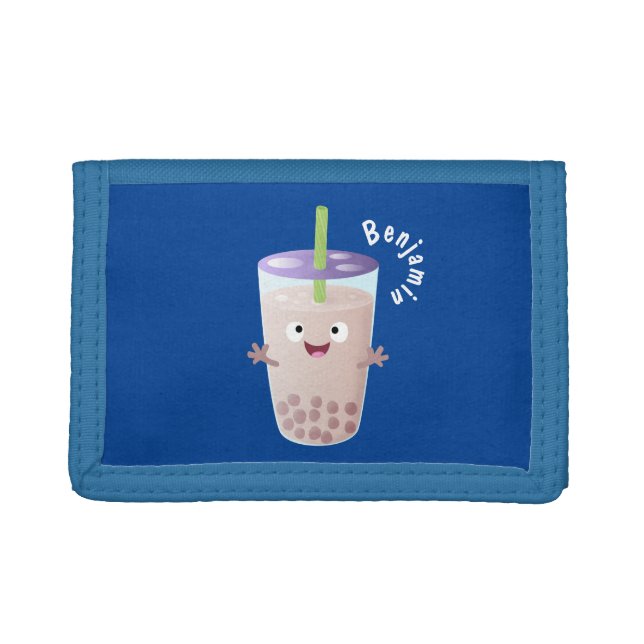 Cute happy bubble tea boba cartoon character trifold wallet (Front)
