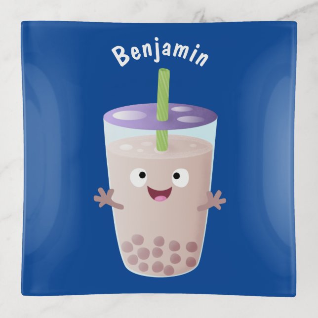 Cute happy bubble tea boba cartoon character trinket tray (Front)