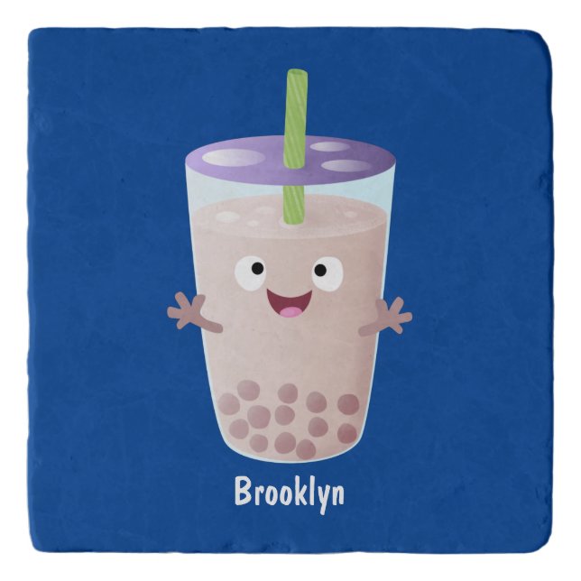 Cute happy bubble tea boba cartoon character trivet (Front)
