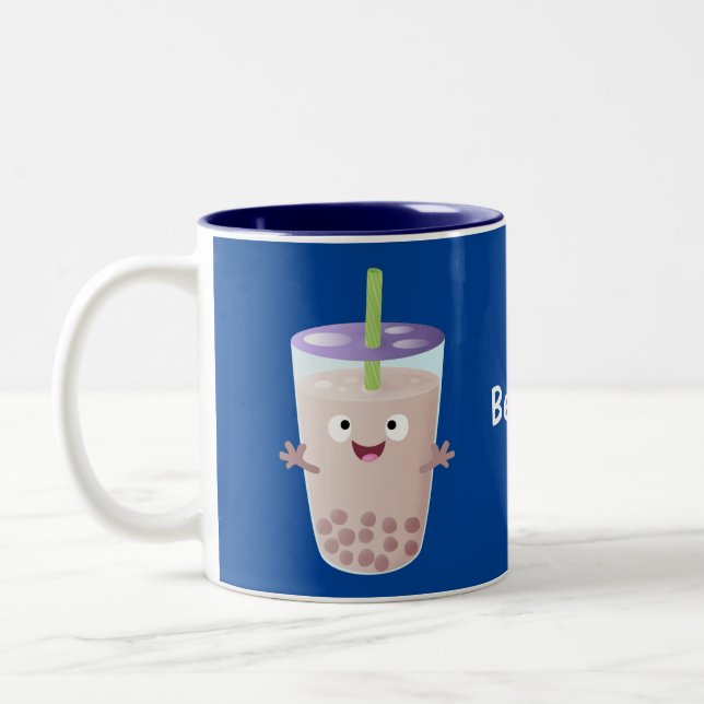 Cute happy bubble tea boba cartoon character  Two-Tone coffee mug (Left)