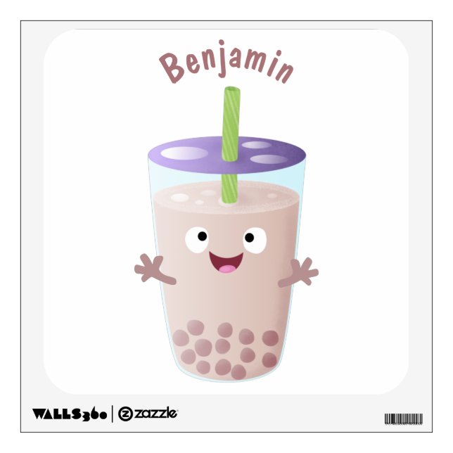 Cute happy bubble tea boba cartoon character wall decal (Front)