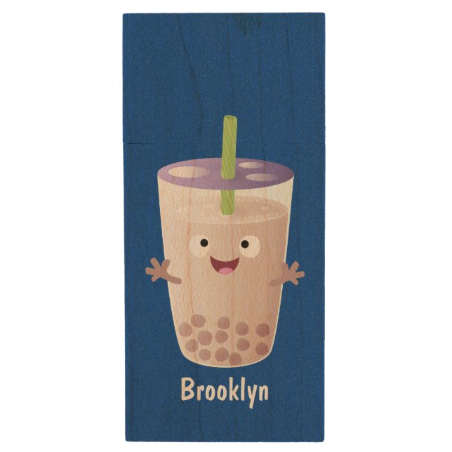 Cute happy bubble tea boba cartoon character wood flash drive (Front Vertical)