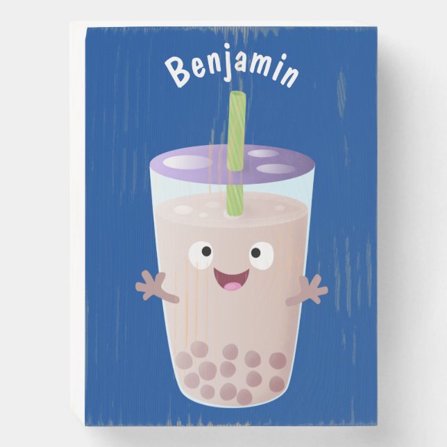 Cute happy bubble tea boba cartoon character wooden box sign (Front Vertical)