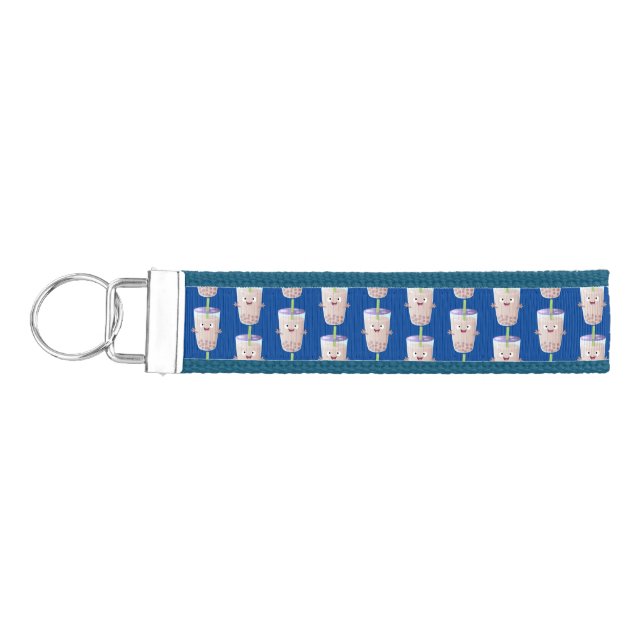 Cute happy bubble tea boba cartoon character  wrist keychain (Keys on Left)