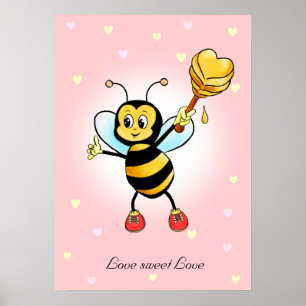Cute Happy Bumble Bee & Honeycomb on Pink Poster