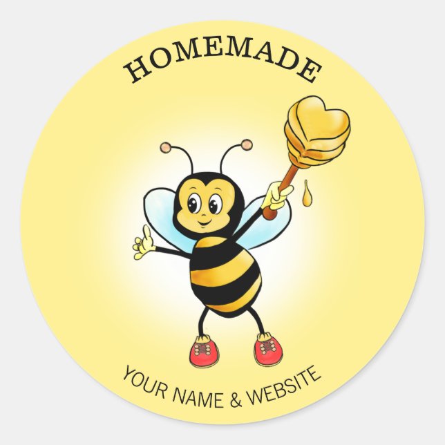 Cute Happy Bumble Bee & Honeycomb on Yellow Classic Round Sticker (Front)
