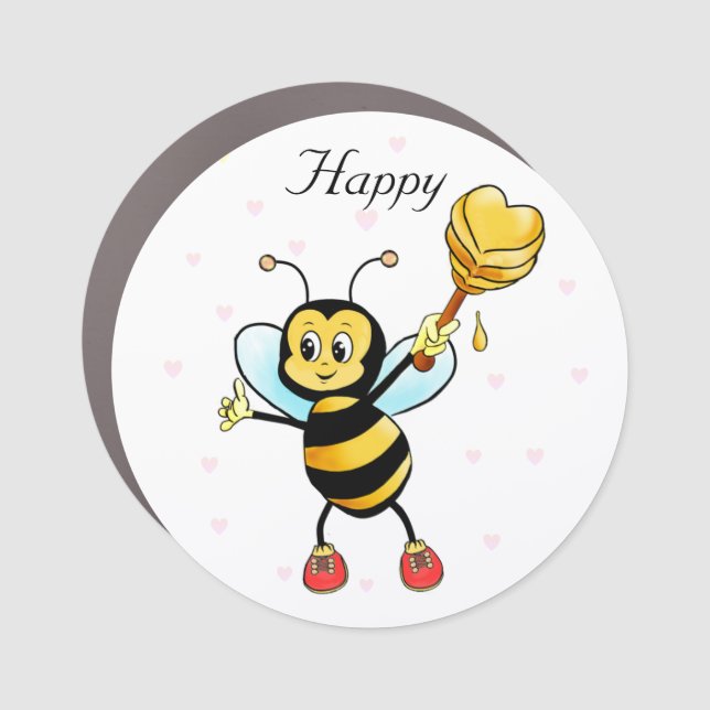 Cute Happy Bumble Bee & Honeycomb with Hearts Car Magnet (Front)