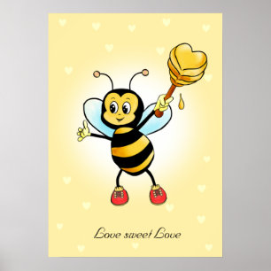 Cute Happy Bumble Bee & Honeycomb with Hearts Poster