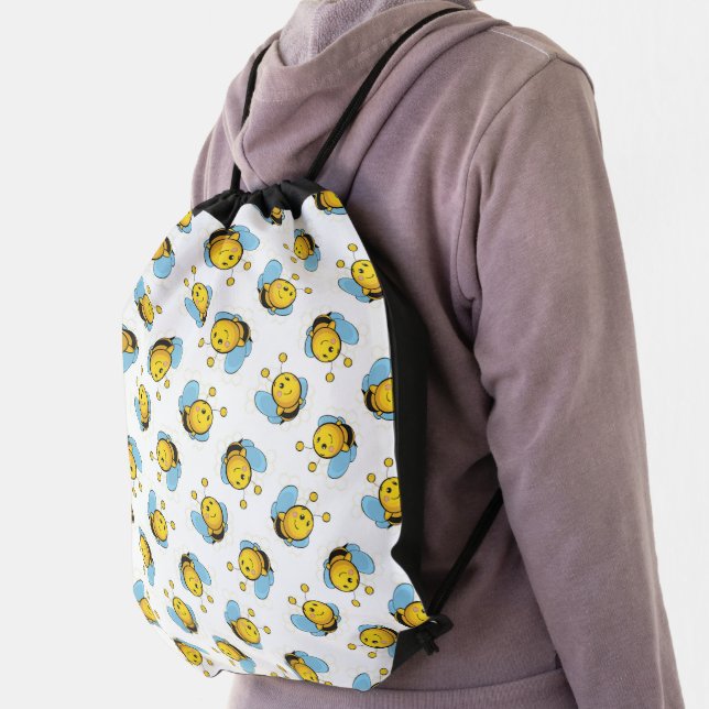 Cute happy bumble bee pattern white drawstring bag (Insitu)
