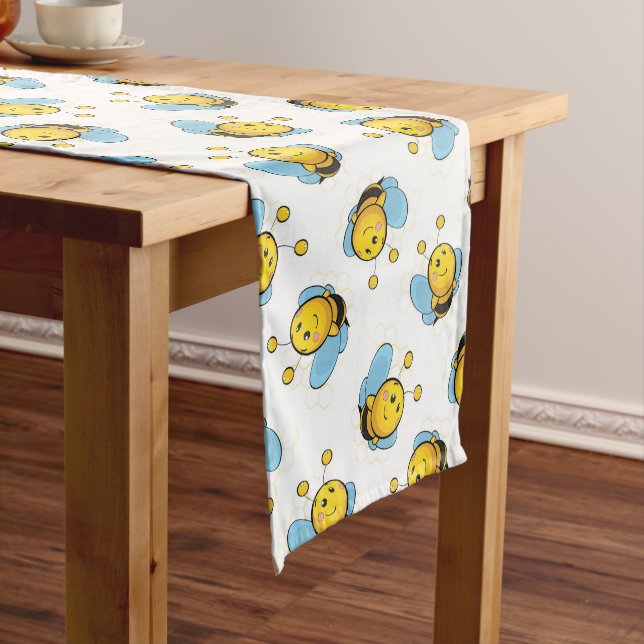 Cute happy bumble bee pattern white long table runner (In Situ)