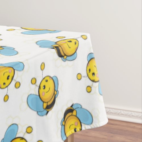Cute happy bumble bee pattern white tablecloth