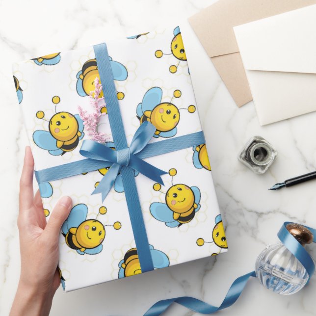 Cute happy bumble bee pattern white wrapping paper (Gifting)