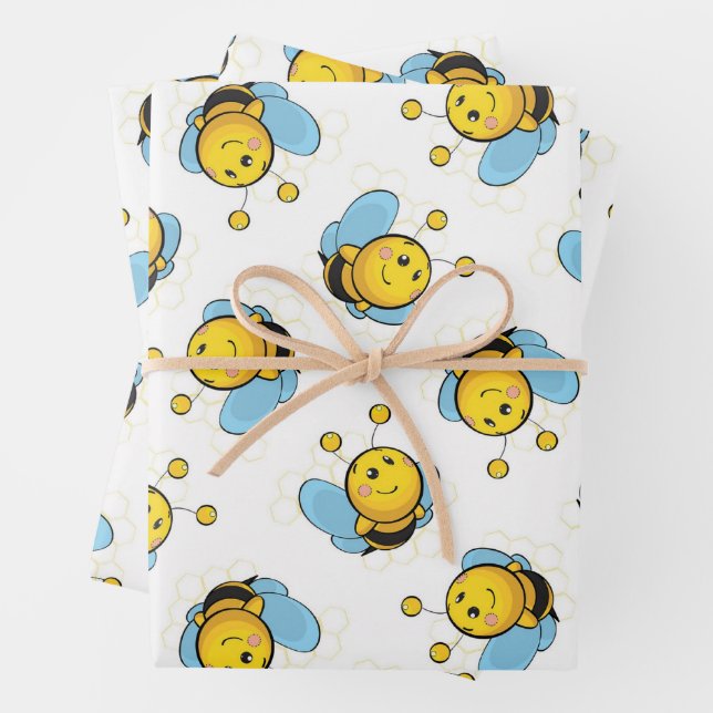 Cute happy bumble bee pattern white wrapping paper sheets (In situ)