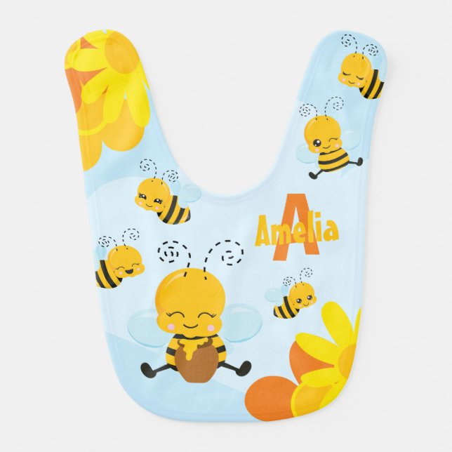 Cute Happy Bumble Bee with Flowers Baby Bib (Front)