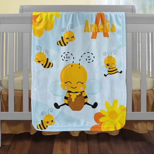 Cute Happy Bumble Bee with Flowers Baby Blanket