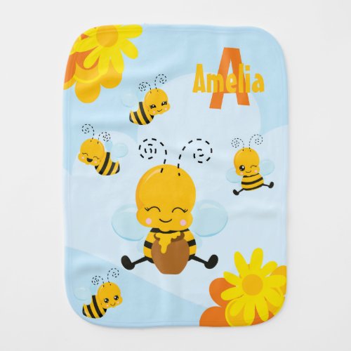 Cute Happy Bumble Bee with Flowers Baby Burp Cloth