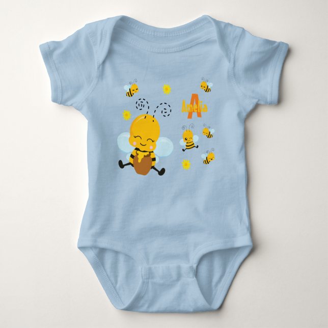 Cute Happy Bumble Bee with Flowers Blue Baby Bodysuit (Front)