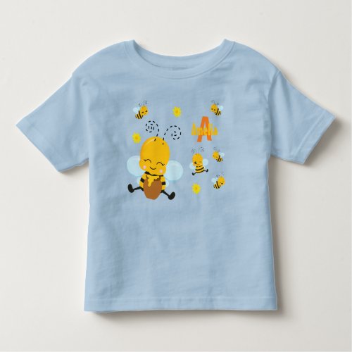 Cute Happy Bumble Bee with Flowers Blue Toddler T_shirt