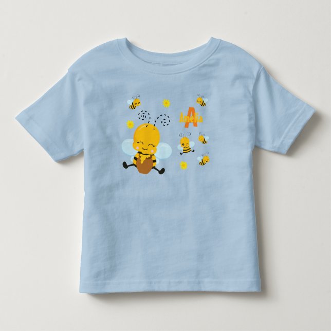 Cute Happy Bumble Bee with Flowers Blue Toddler T-shirt (Front)