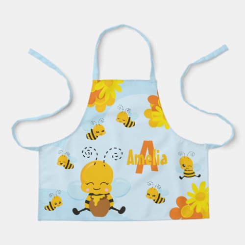 Cute Happy Bumble Bee with Flowers Little Kid Apron