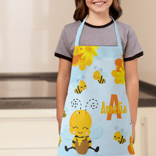Cute Happy Bumble Bee with Flowers Little Kid Apron