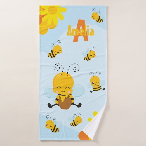 Cute Happy Bumble Bee with Flowers Little Kid Bath Towel Set