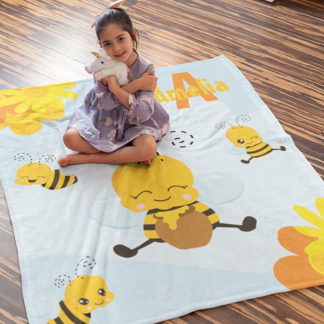 Cute Happy Bumble Bee with Flowers Little Kid Fleece Blanket (Creator Uploaded)