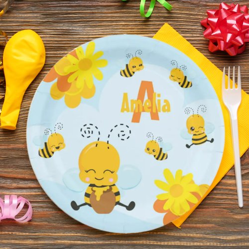 Cute Happy Bumble Bee with Flowers Little Kid Paper Plates