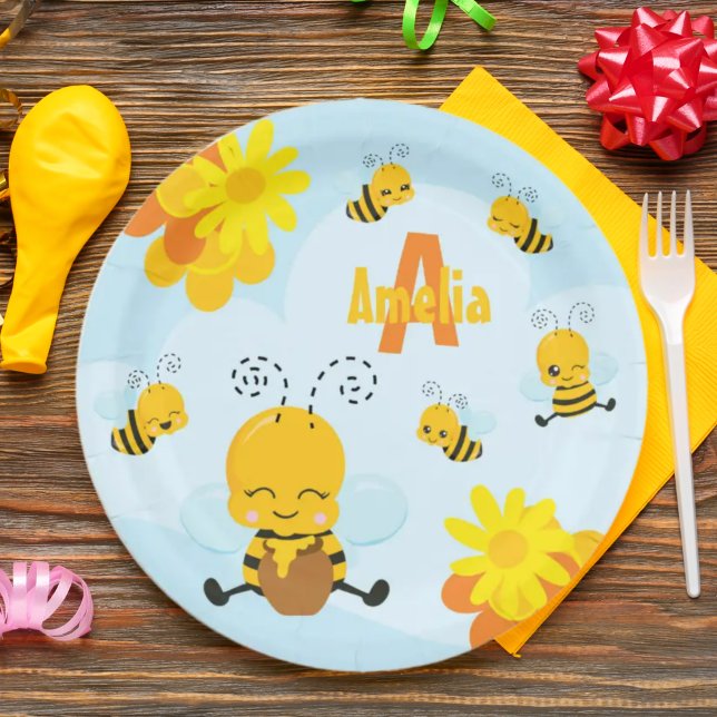 Cute Happy Bumble Bee with Flowers Little Kid Paper Plates (Creator Uploaded)