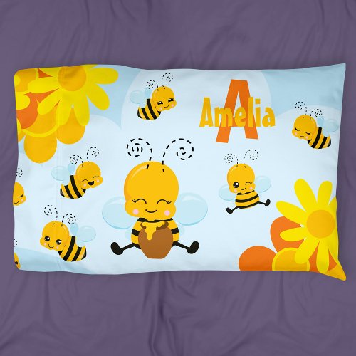 Cute Happy Bumble Bee with Flowers Little Kid Pillow Case