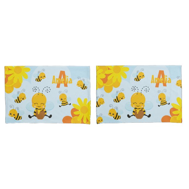 Cute Happy Bumble Bee with Flowers Little Kid Pillow Case (Front-Set)