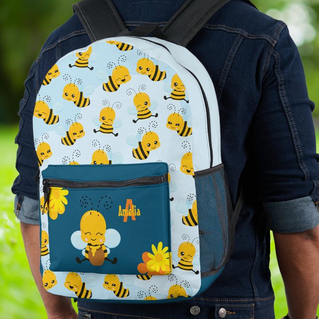 Cute Happy Bumble Bee with Flowers Little Kid Printed Backpack (Creator Uploaded)