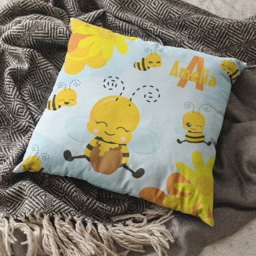 Cute Happy Bumble Bee with Flowers Little Kid Throw Pillow