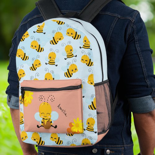 Cute Happy Bumble Bee with Flowers Little Kid v2 Printed Backpack