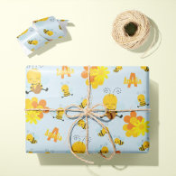 Cute Happy Bumble Bee with Flowers Little Kid Wrapping Paper