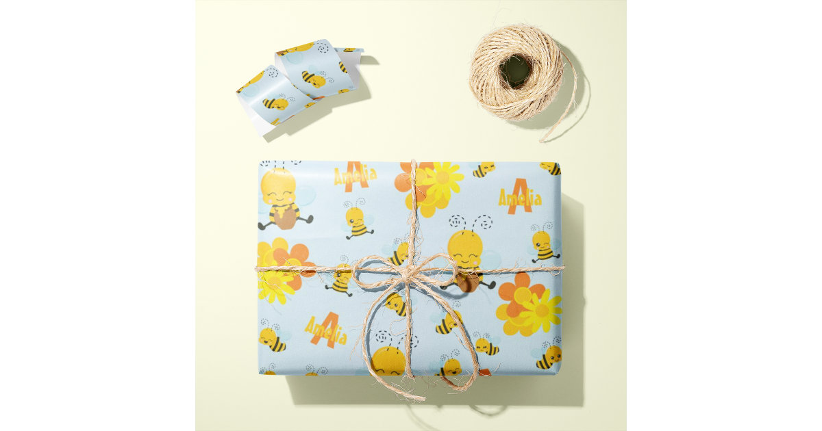 Cute Happy Bumble Bee with Flowers Little Kid Wrapping Paper