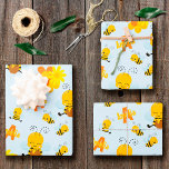 Cute Happy Bumble Bee with Flowers Little Kid Wrapping Paper Sheets<br><div class="desc">Add a cute touch to your little one's present with this adorable custom bumble bee wrapping paper. Wrapping paper features happy bees, one with honey, and the others buzzing around. There are also yellow and orange flowers and a soft blue background. There's also space for your young kid's first name...</div>