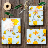 Cute Happy Bumble Bee with Flowers Little Kid Wrapping Paper Sheets