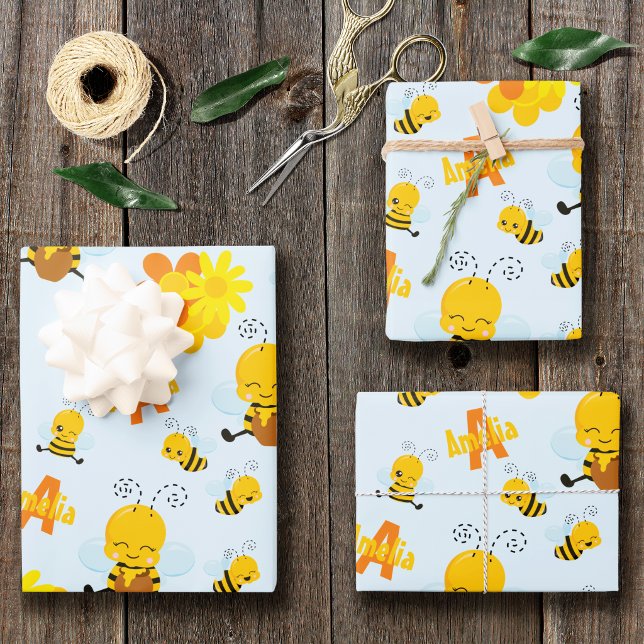 Cute Happy Bumble Bee with Flowers Little Kid Wrapping Paper Sheets