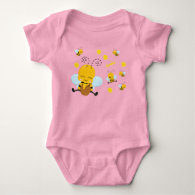 Cute Happy Bumble Bee with Flowers Pink Baby Bodysuit